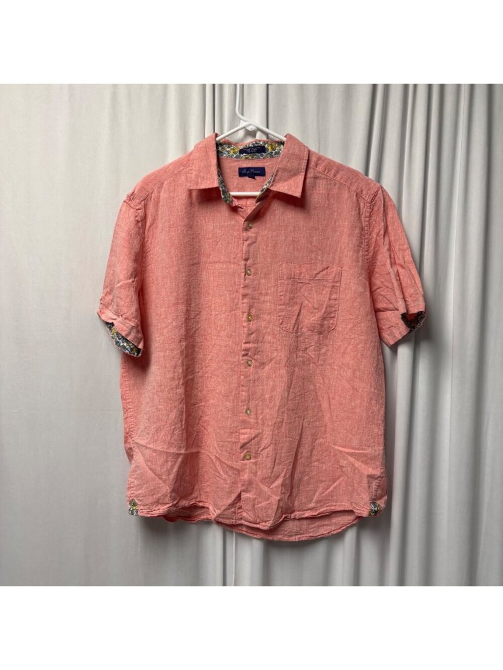 Alan Flusser Button-Up Shirt Mens Size XL Coral Short Sleeve Linen Cotton Blend